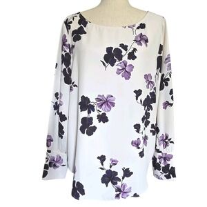 Ann Taylor Ivory With Purple Floral Print Long Sleeve Top Blouse Pullover Size L
